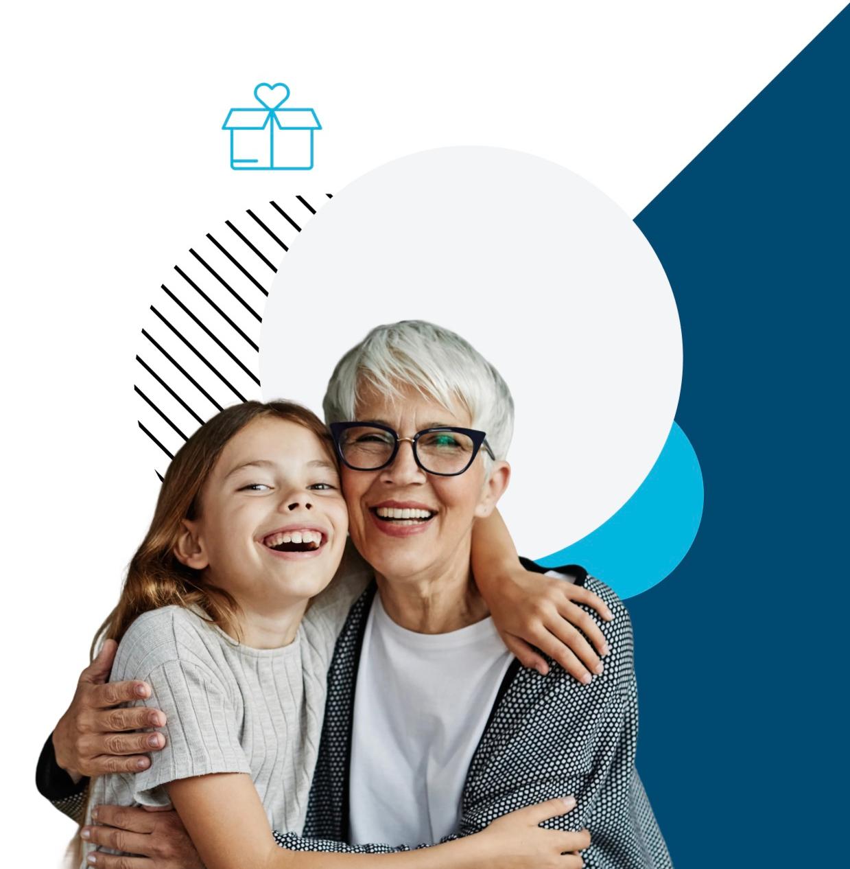 A smiling elderly woman with glasses embraces a laughing young girl against a geometric blue and white background with a gift icon.